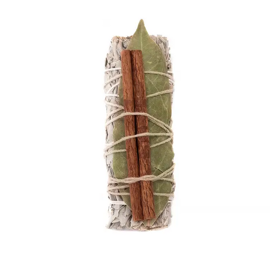 4" Sage wand, Bay leaf, and Cinnamon Stick Wrapped Bundle